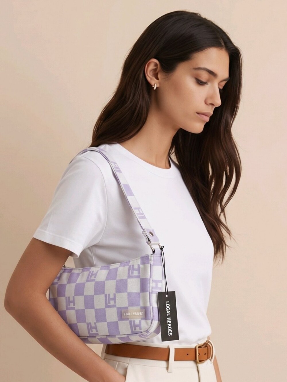 Local Heroes ✦ Vichy Checkered Baguette Bag ✦ Purple White Logo Shoulder Bag NWT